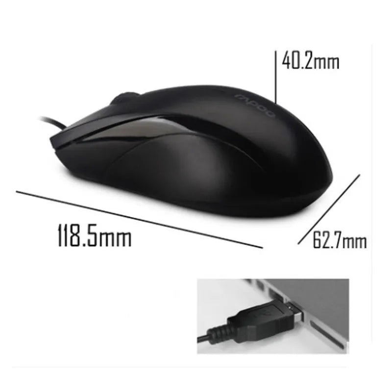 Wired USB optical mouse in black with 1.5m cable and three-button layout for desktop computer