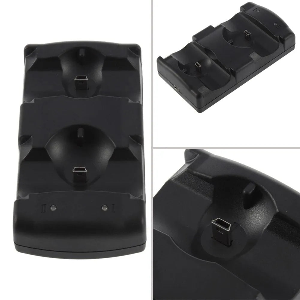 Black PS3 dual controller charging dock with two charging slots and USB cable