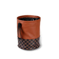 Tan retractable leather car trash can with handle in expanded position