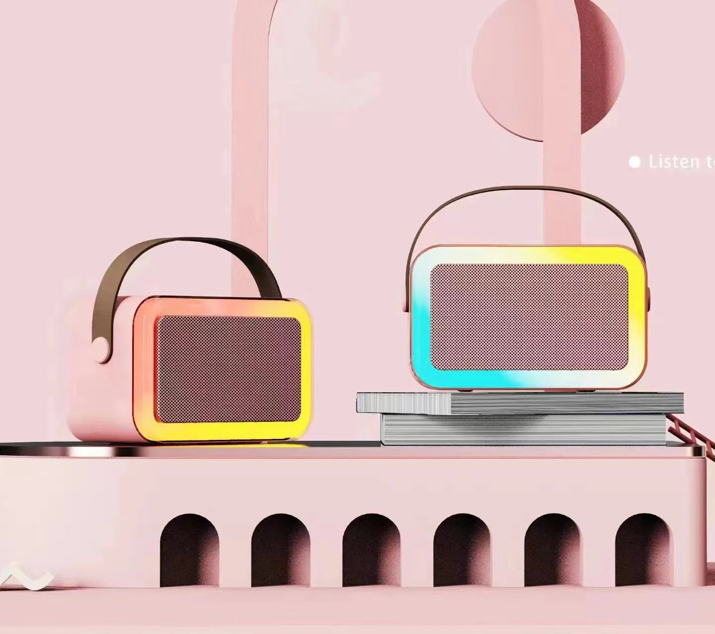 Portable Bluetooth karaoke microphone speaker in pink, sky blue, or white colour