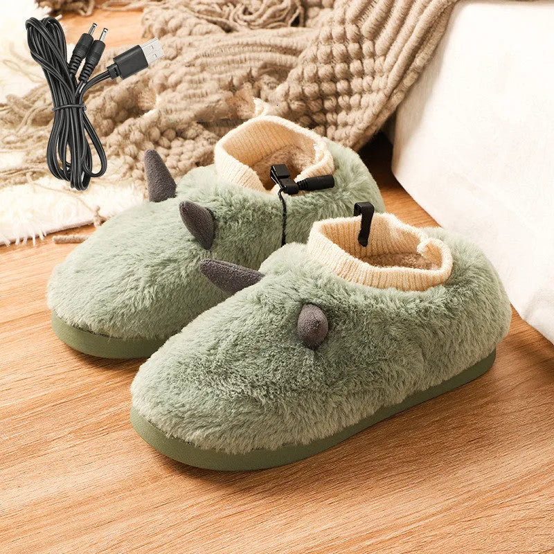 USB electric heating slippers in soft velvet, showing adjustable temperature controls and a connected USB cable.