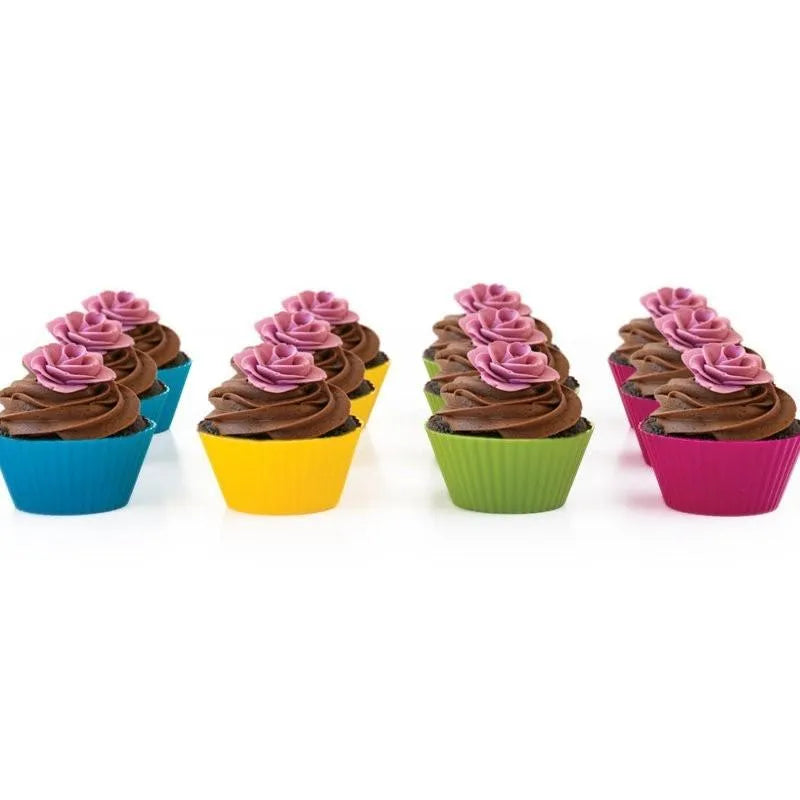 12 nonstick reusable silicone cupcake liners in six colours arranged for baking