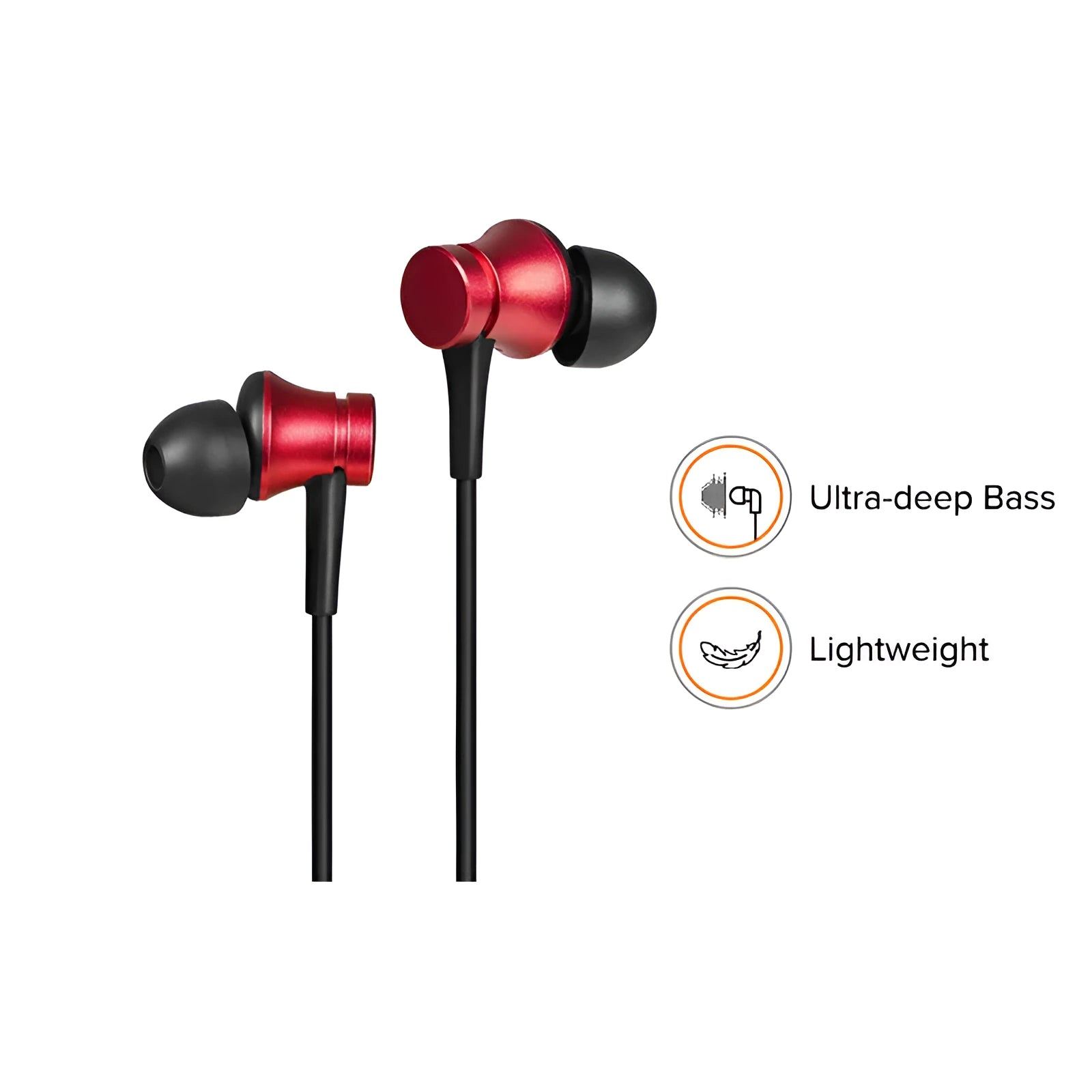 Piston in-ear wired headphones with 3.5mm plug in black, blue, and red colour options