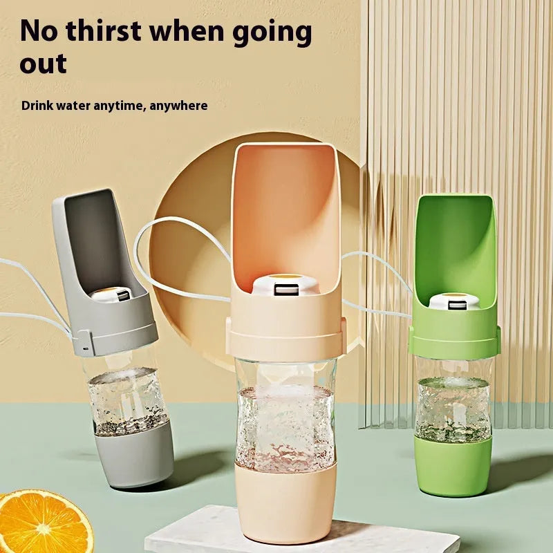 Grey portable 2-in-1 dog water bottle and feeder with drinking cup and lanyard