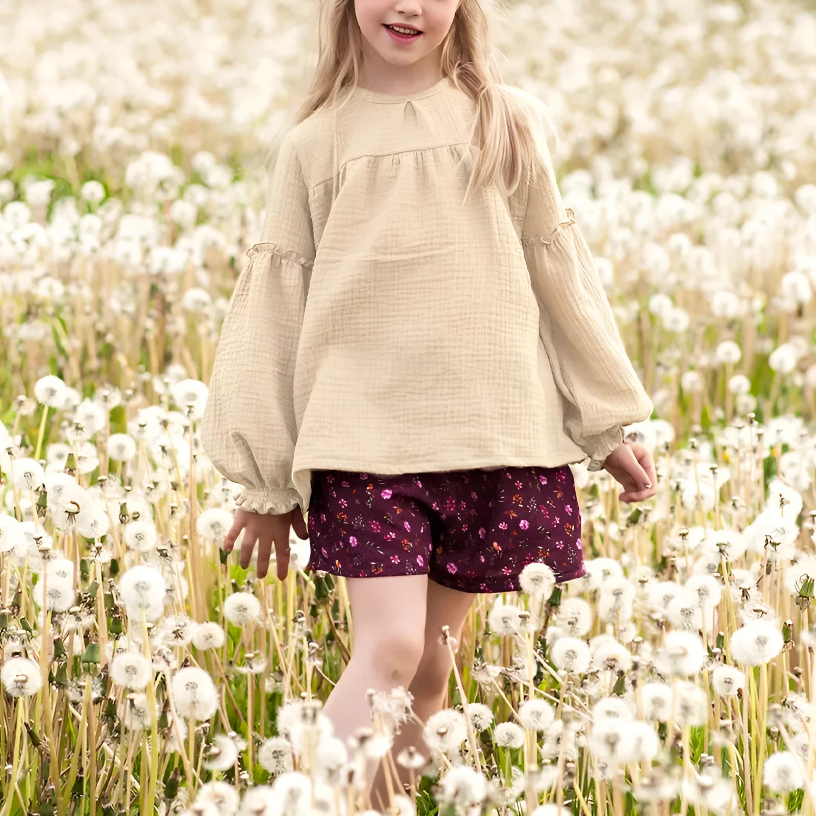 Cotton round neck doll shirt in apricot with retro chest pleating and bishop sleeves
