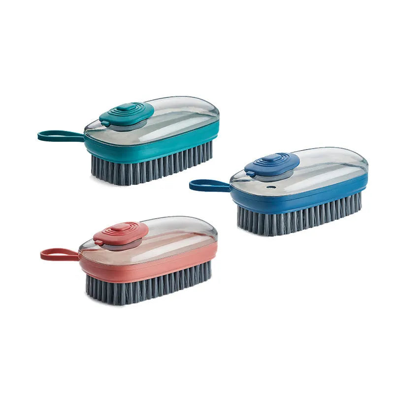 Automatic liquid cleaning brush for shoes and laundry with ergonomic grip in blue, green or red colour