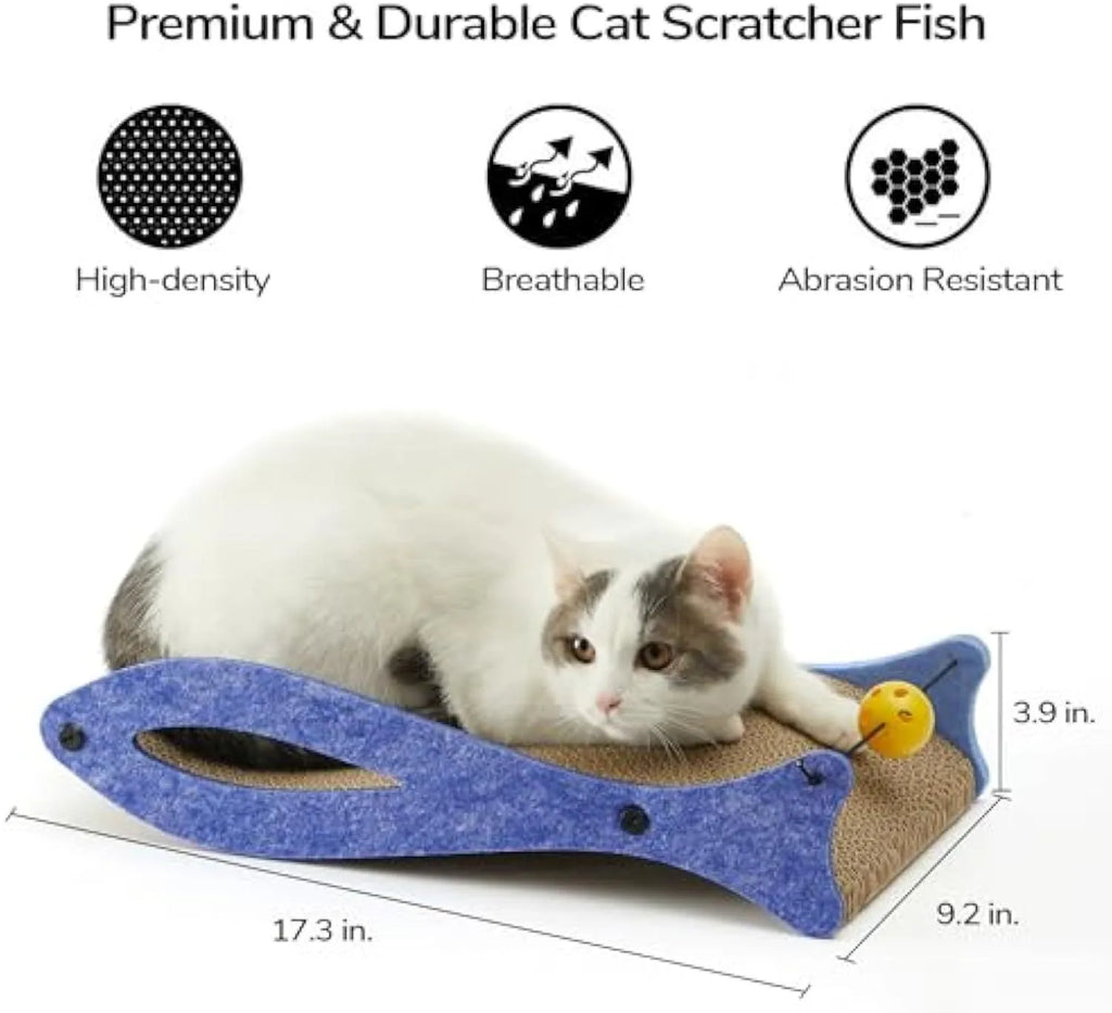 Blue fish-shaped cat scratcher pad with ball toy on elastic cord, cardboard construction with wavy lounge surface