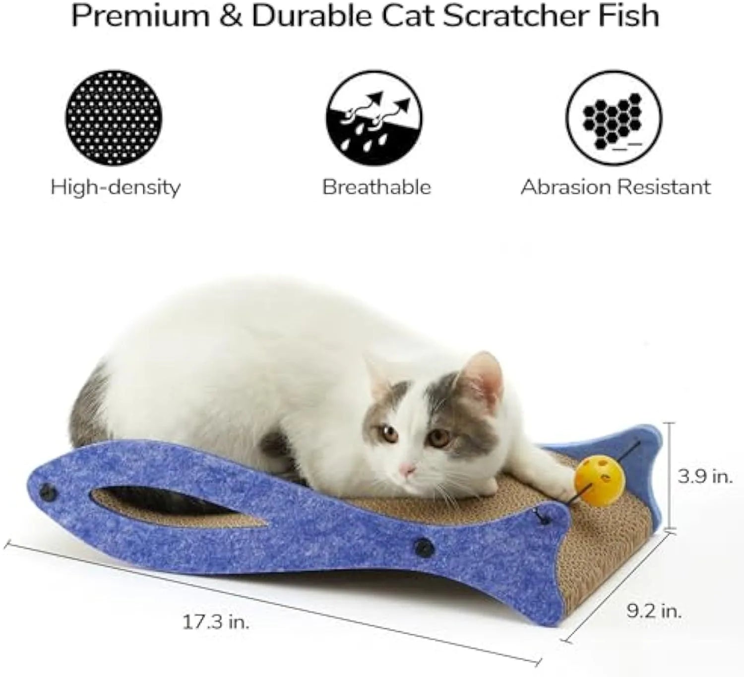 Blue fish-shaped cat scratcher pad with ball toy on elastic cord, cardboard construction with wavy lounge surface