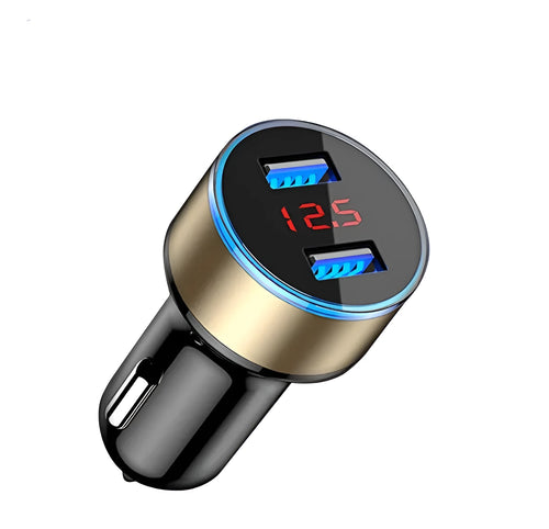 5V 3.1A dual USB car charger with red LED display in black, blue, gold, red, and silver colours