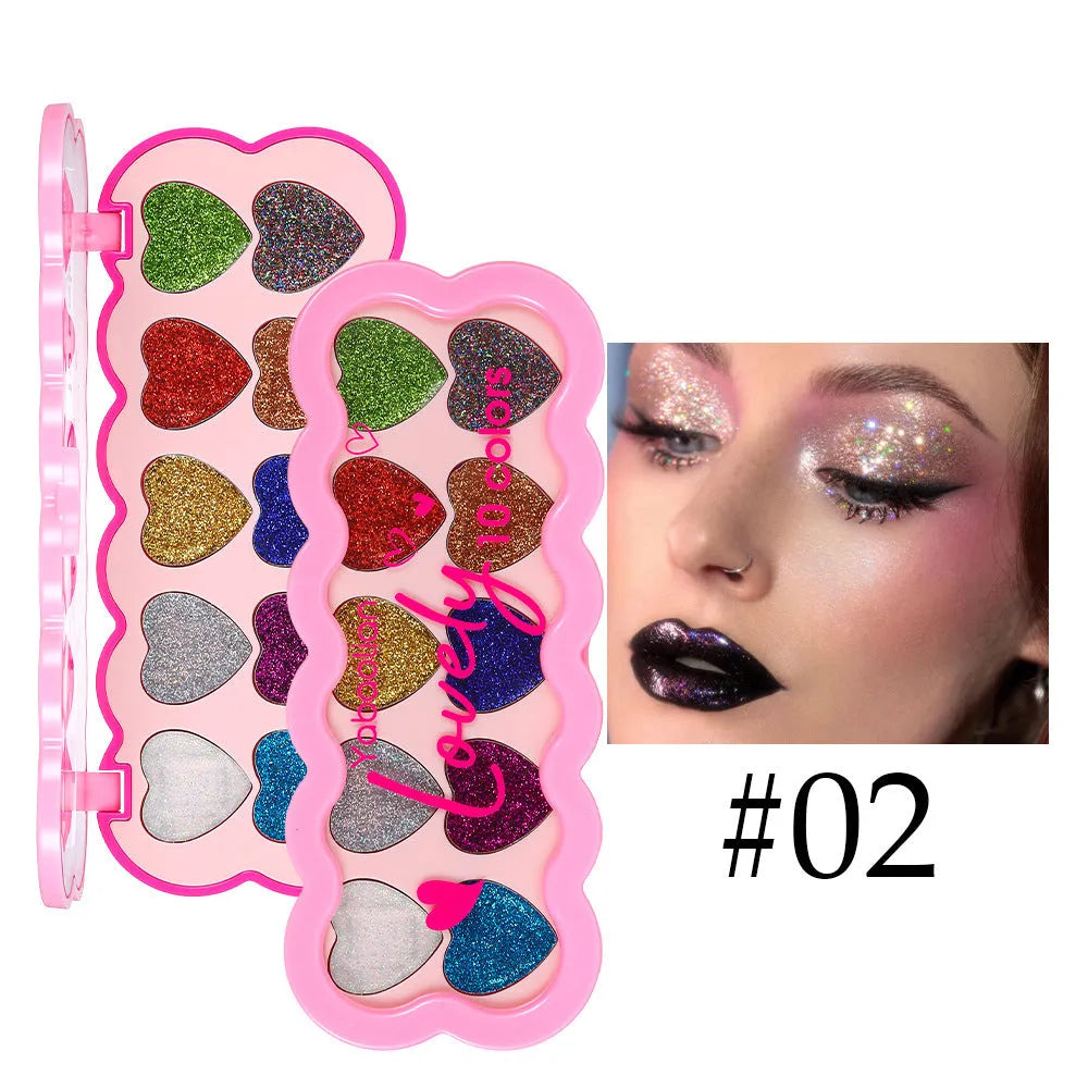 Ten-colour pearlescent heart sequin eyeshadow palette showing multiple shades
