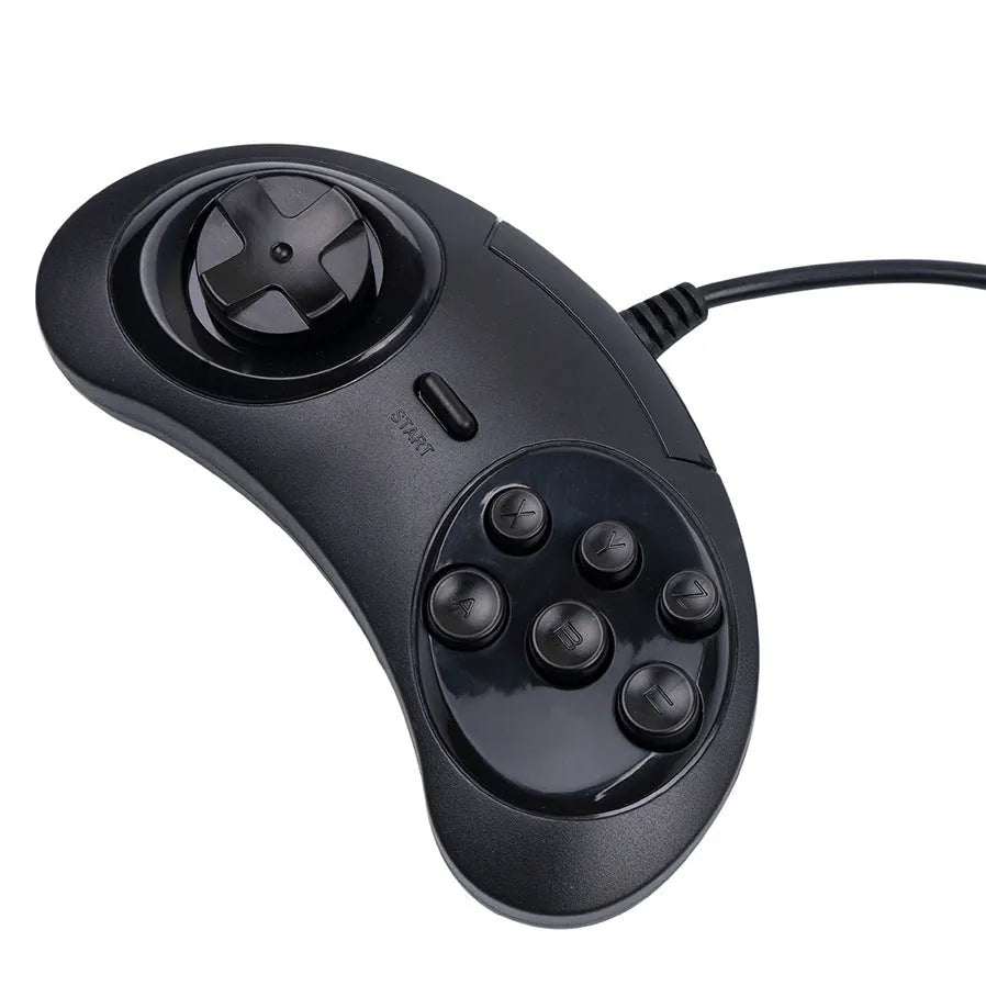 Black Sega-style USB game controller for PC with a 1.8 metre cable.