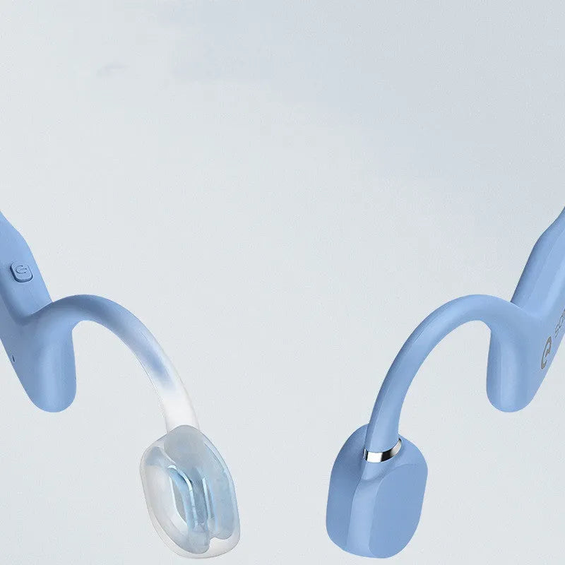 Bone conduction Bluetooth sports headphones with a neckband, shown in multiple colours including red and blue.