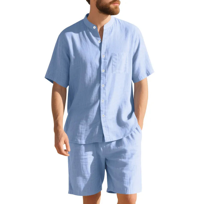 Men's light blue short sleeve linen shirt and shorts two-piece casual suit set on a hanger.