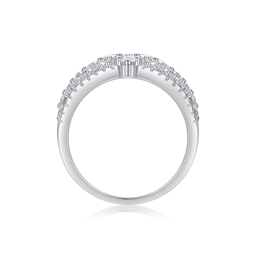 Ballet of Time moissanite wedding ring set in platinum finish with silver band and gift box