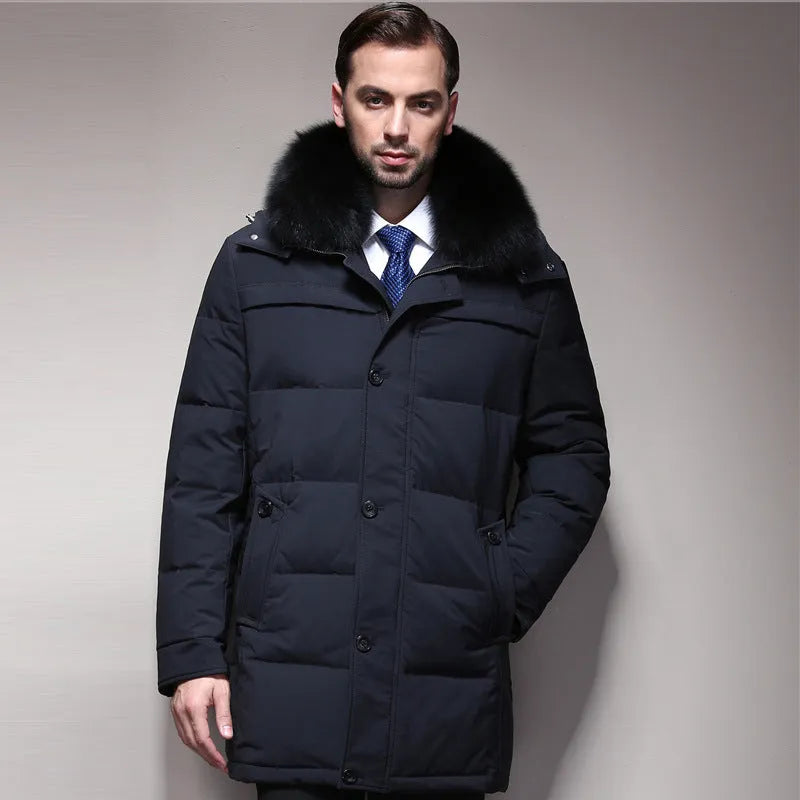 Men's thickened white duck down jacket standing collar no hood zipper front black colour solid pattern winter coat