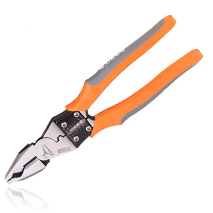 Orange multi-function wire cutter pliers with textured PVC handles and chrome steel jaws.