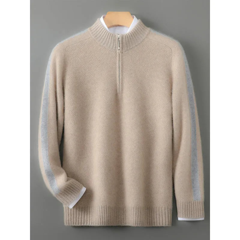 Sheep wool half-height zip knitted sweater in slim fit with round neck