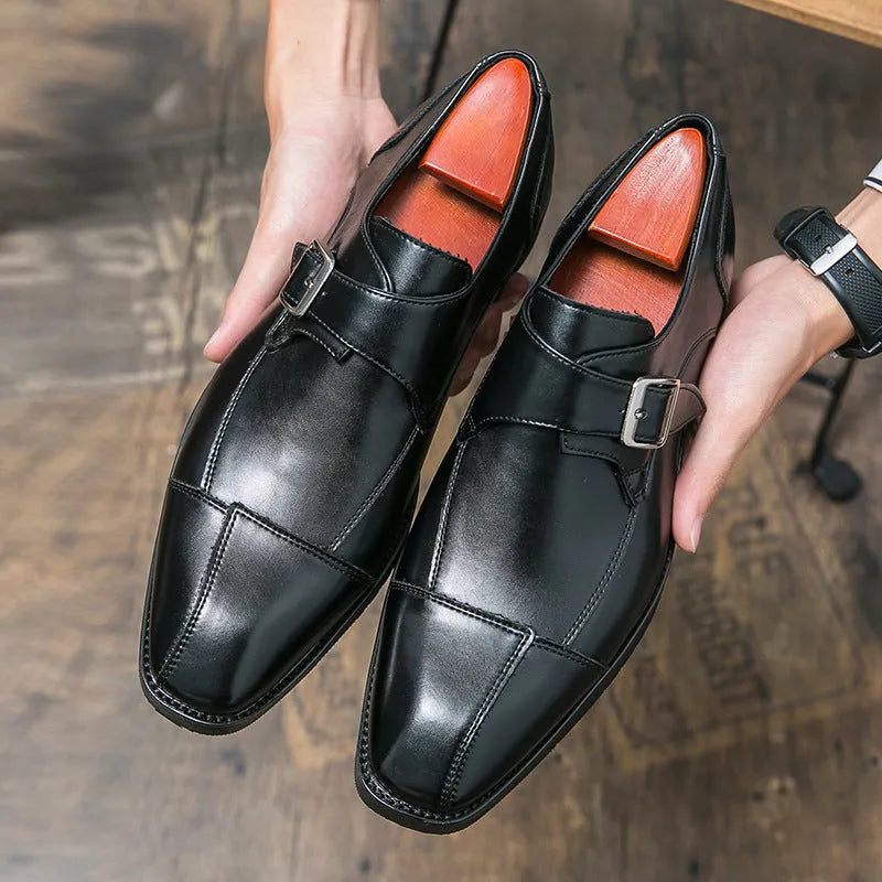 Men's British style casual leather shoes with retro buckle in black and brown-blue colours