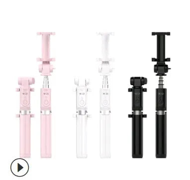 Aluminium alloy Bluetooth selfie stick with remote control and adjustable phone clip in black, pink, or white.