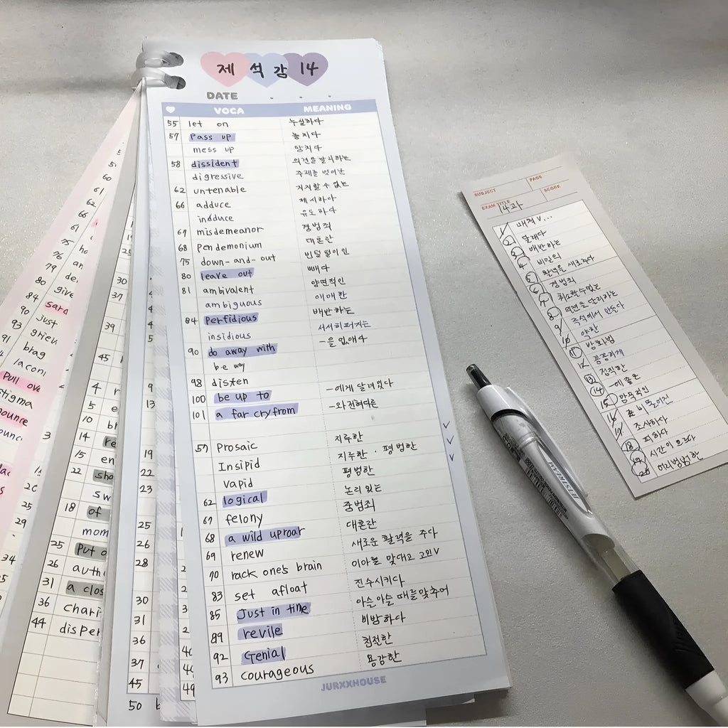 Vertical format English word notepad in half B5 size with double-sided printing and colour-coded cover