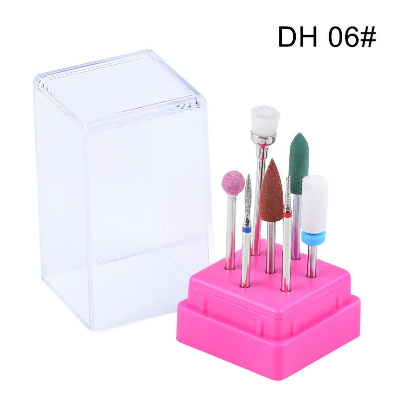 Tungsten steel nail drill polishing head set with 6 bits and 1 brush in transparent case