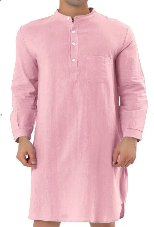 Man wearing a light blue cotton shirt-style robe with front pockets, showcasing casual loungewear.