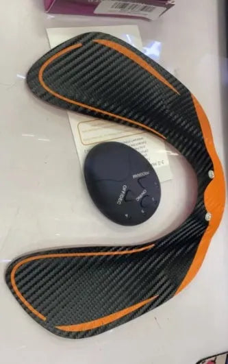 EMS hip muscle training stimulator with remote control and two gel pads in orange