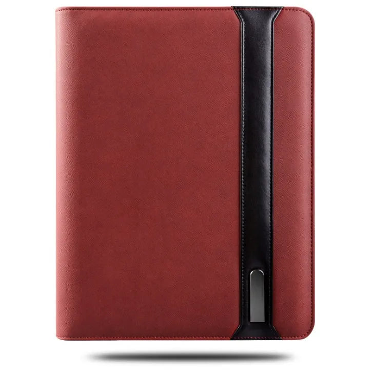 Multifunctional rechargeable A4 PU folder with wireless power charger, 5000mAh battery, and mobile holder – available in black, blue, red.