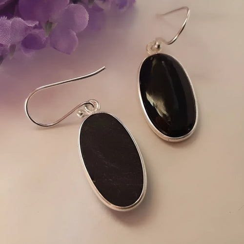 Black agate oval pendant earrings with geometric silver-toned frames and drop earring design