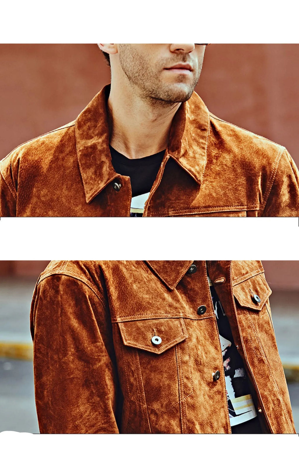 Men's brown pig skin leather biker jacket with zip front and pockets, American casual style
