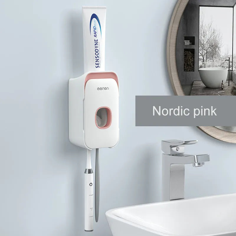 Automatic toothpaste dispenser in blue colour made from ABS plastic with a wall-mount design.