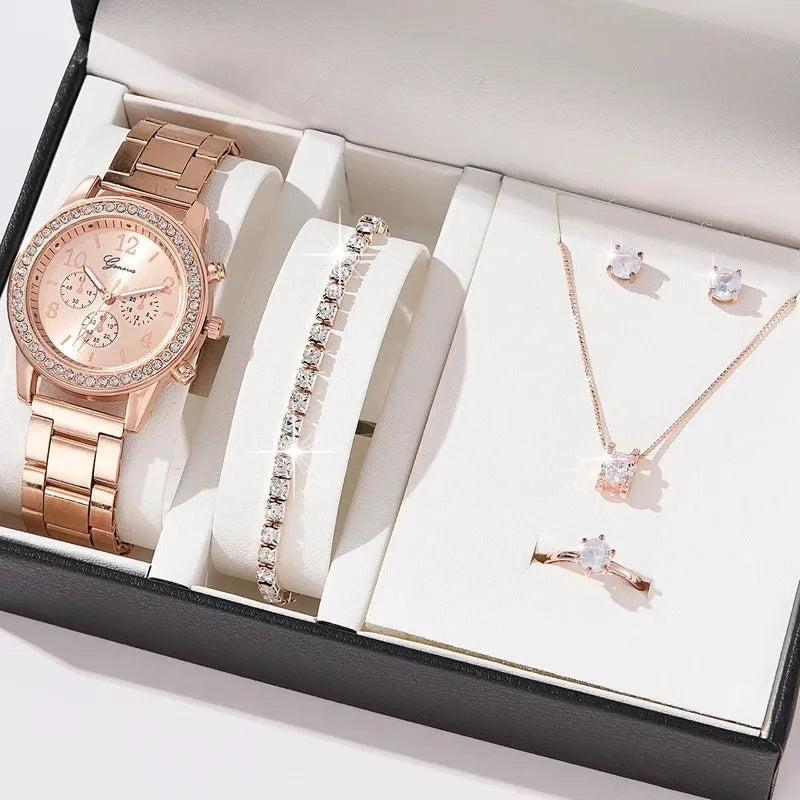 Women's casual quartz watch suit set with alloy case 36mm dial bracelet earrings necklace ring