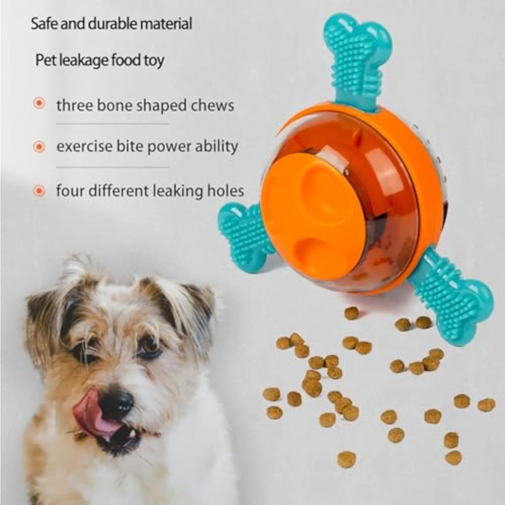 Blue interactive dog slow feeder and chew toy with rubber bones on a 190cm by 80cm mat.