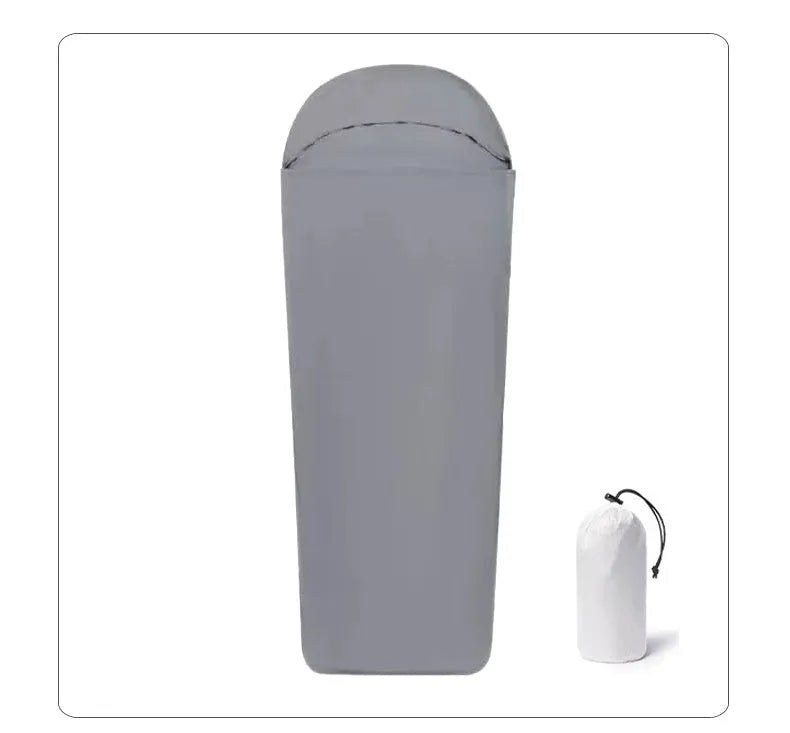Blue adult mummy-style nylon camping sleeping bag laid out, showing its dimensions.
