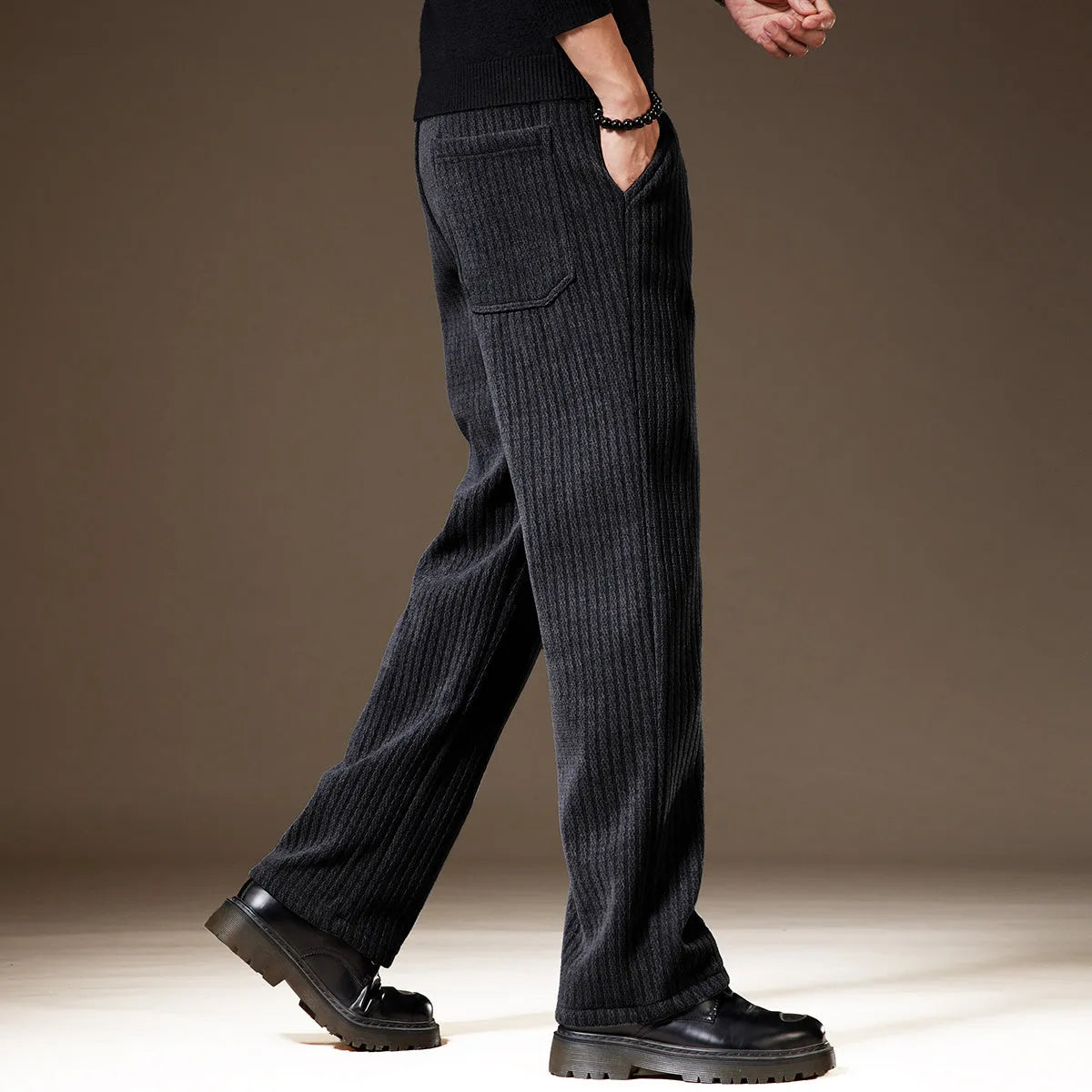 Thick stripe velvet heavy corduroy straight casual pants for men, khaki colour, polyester fibre fabric