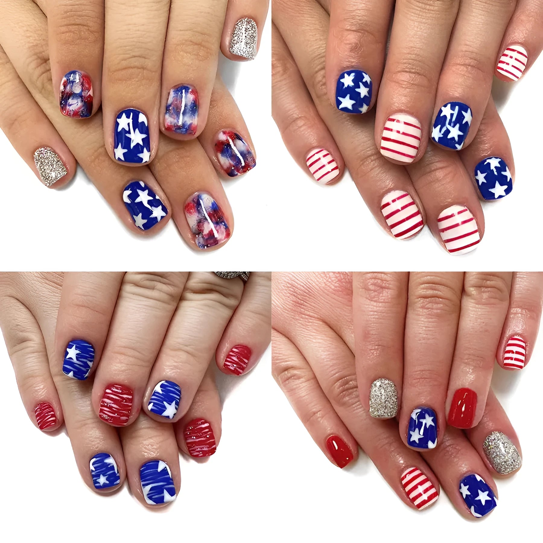 Red and blue multicolor glitter nail tips with European Square short length design