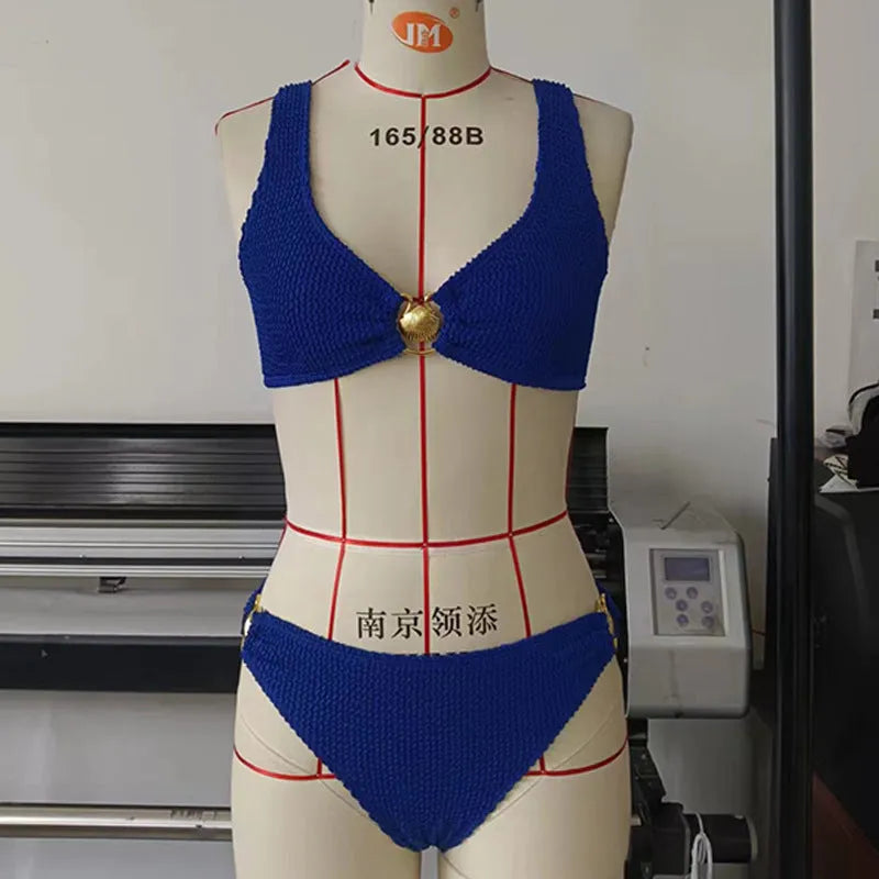 Women's sapphire blue solid colour snake cloth bikini set with bra top and briefs bottom for swimming and wading