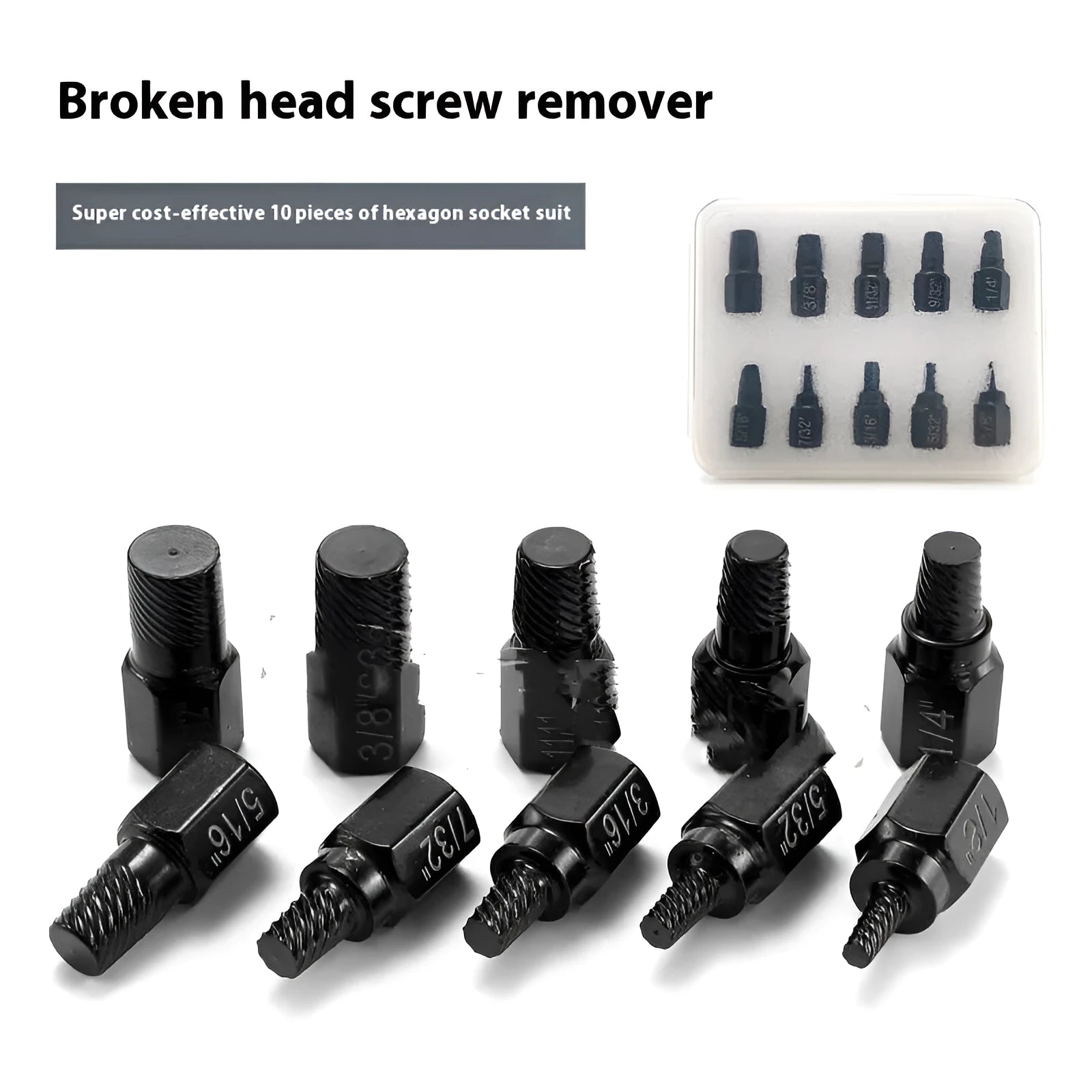 10-piece metal screw extractor set for removing broken bolts and damaged screws