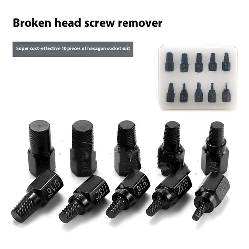 10-piece metal screw extractor set for removing broken bolts and damaged screws