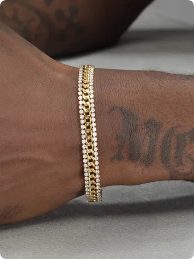 Gold tennis bracelet for men and women with titanium steel construction and gemstone inlays.