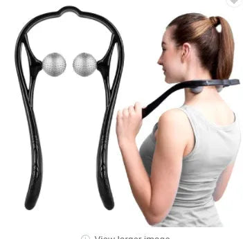 Blue plastic swan-shaped neck massager with hand roller and adjustable stand on a white background