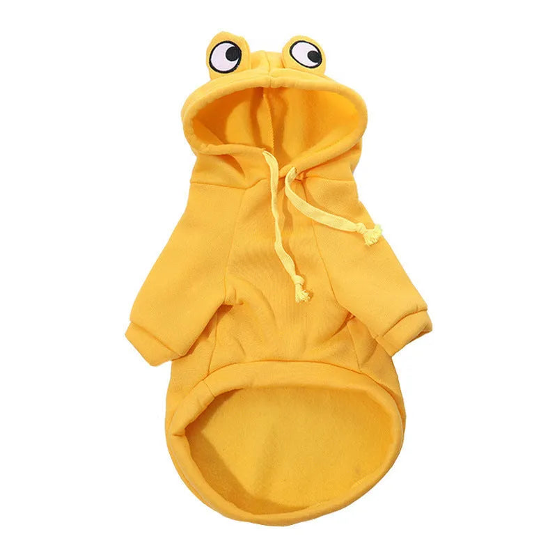 Green frog costume hoodie on a small dog, showing long sleeves and hood