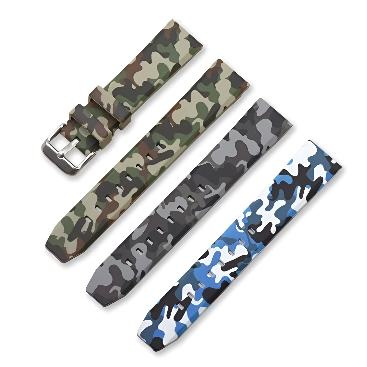 Green camouflage silicone watch strap showing flat head design and buckle.