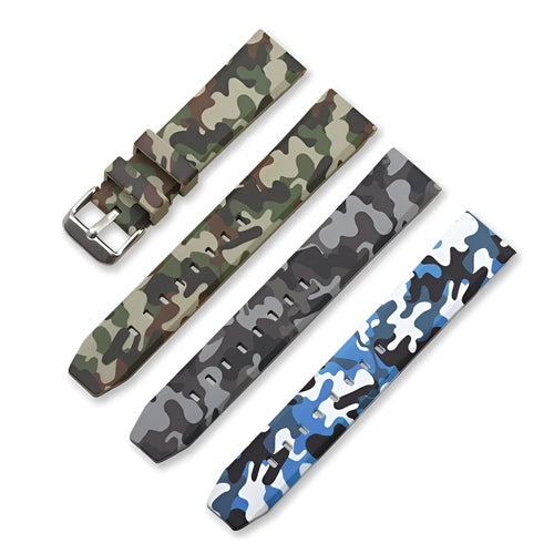 Green camouflage silicone watch strap showing flat head design and buckle.