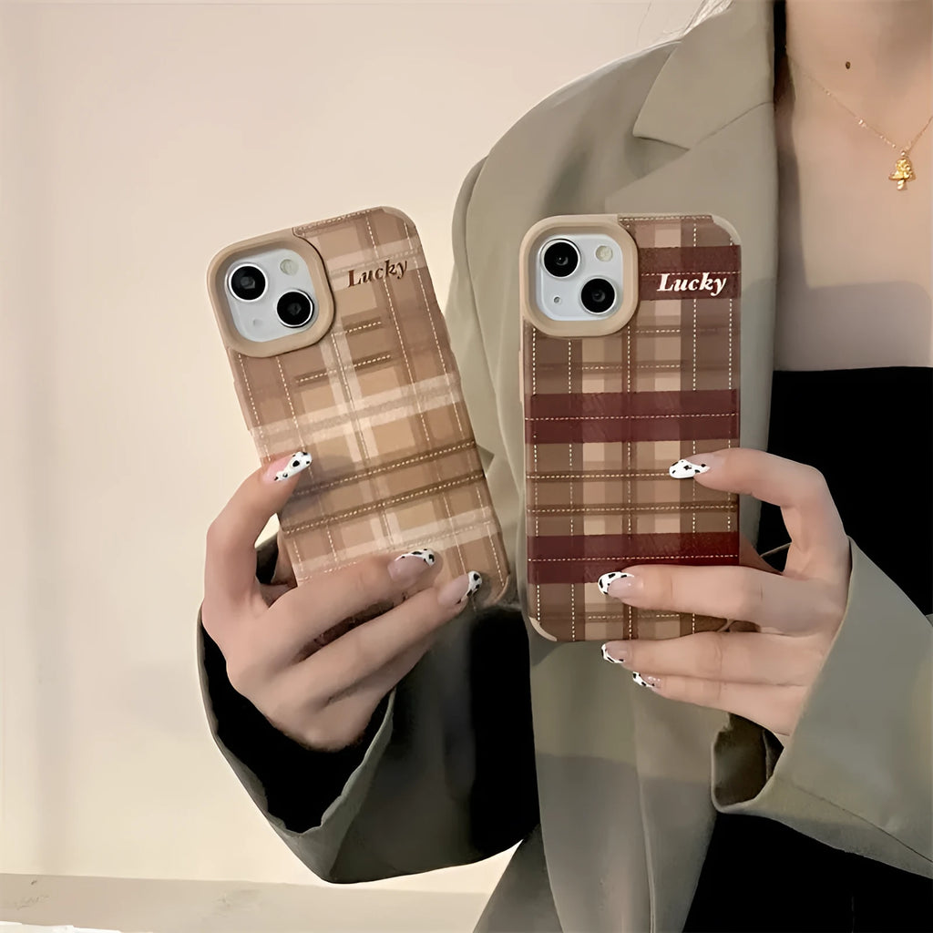 Letter personality lambskin plaid phone case for iPhone 14 in light coffee colour with embossed pattern