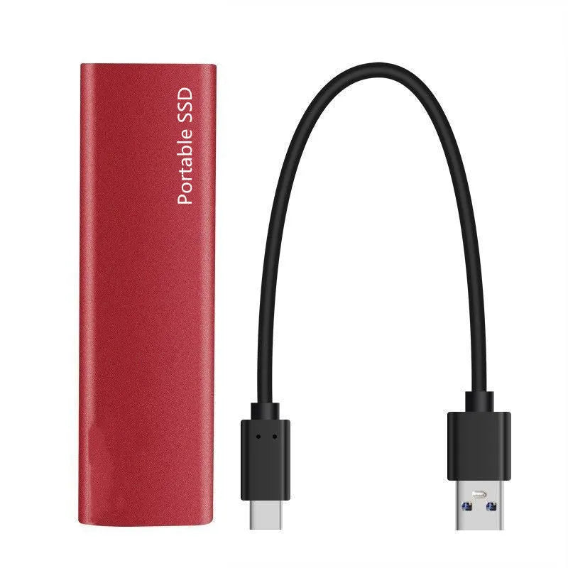 Ultra-thin metal mobile SSD external hard drive showing red colour option with capacity size display