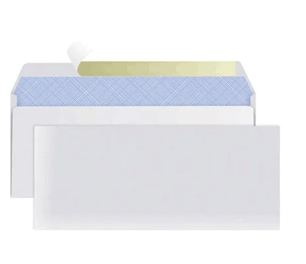 Blue confidential security envelope showing tamper-evident self-adhesive seal and 105x240mm dimensions