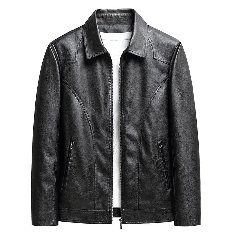 Men's loose fit PU leather cardigan jacket in black with zipper front and patch pocket