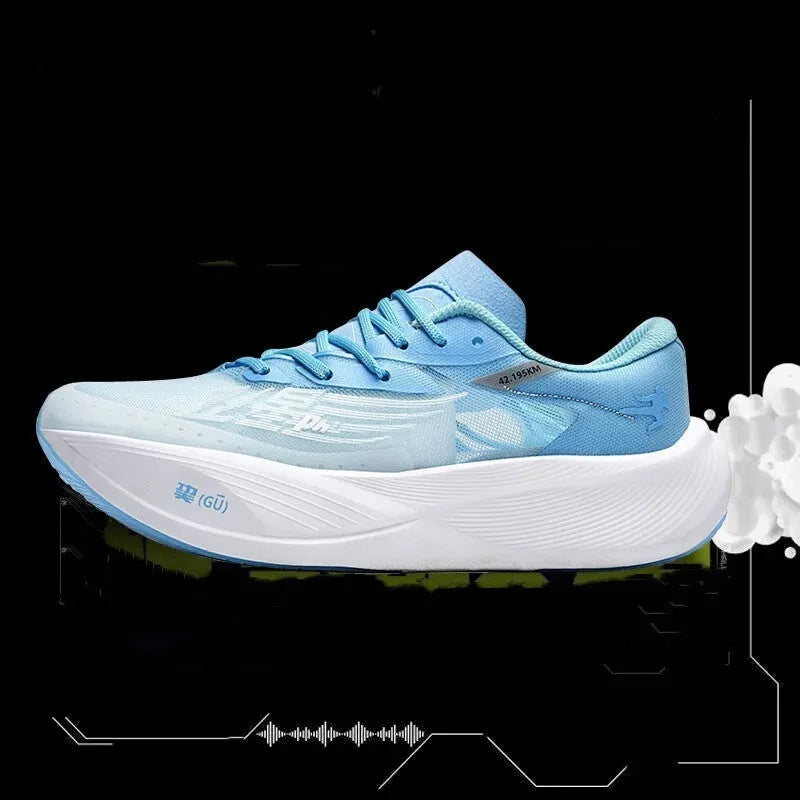 Low-top racing sneaker in various colours with a carbon plate sole, PU mesh upper, and lace-up front.