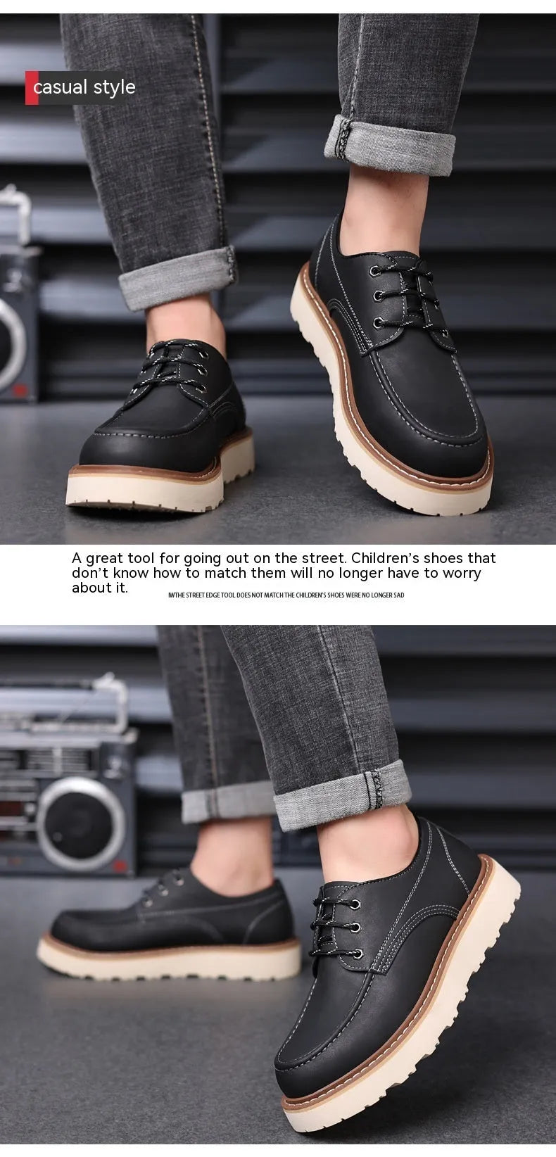 Men's black low-top Martin boots with round toe and rubber non-slip sole